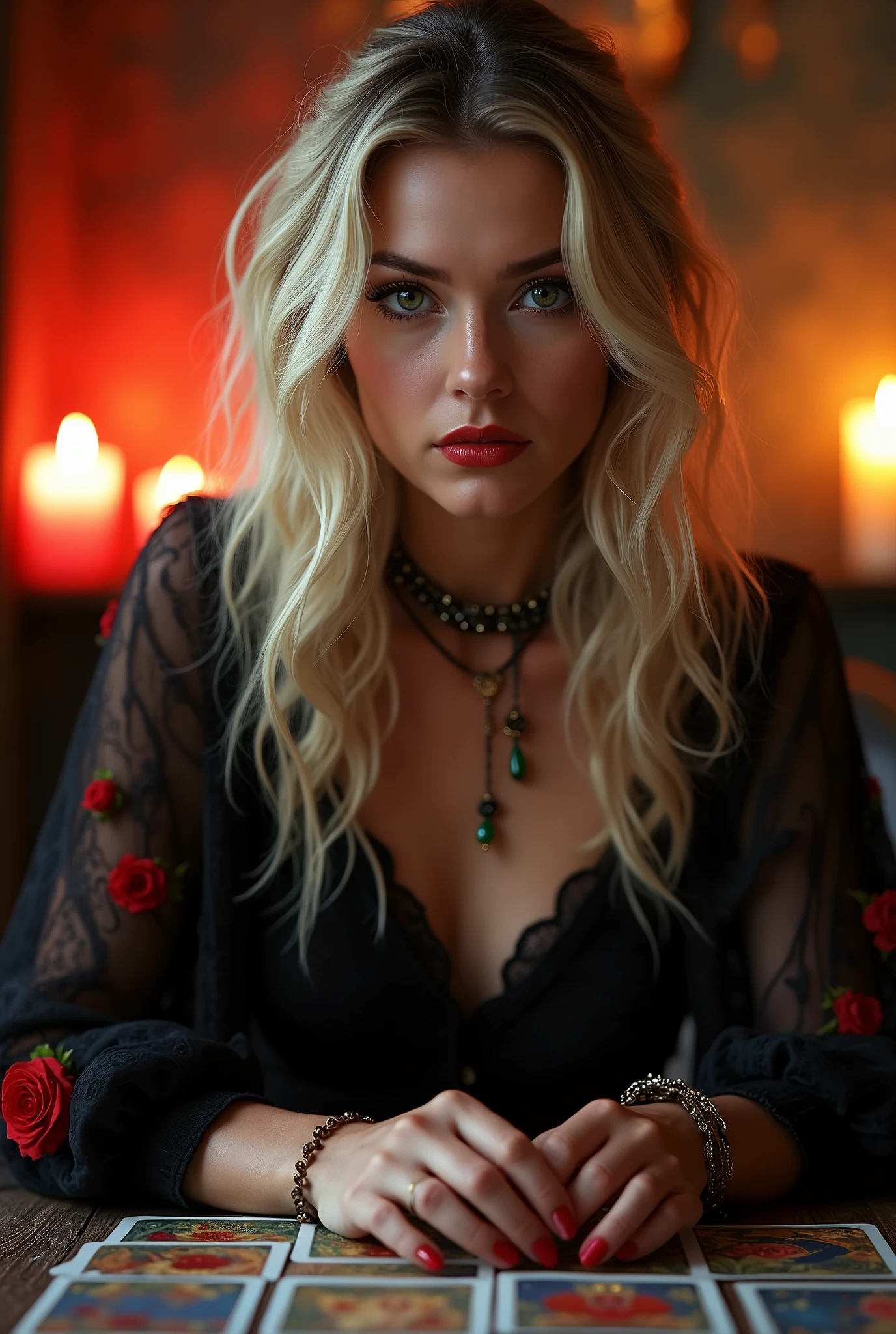 
Create a realistic 8K image of a Blonde Green Eyed Gypsy with an average age of 30 years old. She is very beautiful, elegant, charming and attractive with an intimidating posture. She is dressed in a black outfit adorned with red roses over her outfit playing tarot cards. The setting includes lit candles, creating a mystical atmosphere with vibrant and striking colors. The scene must have an atmosphere of mystery and charm, she needs to have her hands on the table focused on her cards, which are spread out on a table in front of her, the gypsy is looking directly at the camera, her posture is straight towards the camera