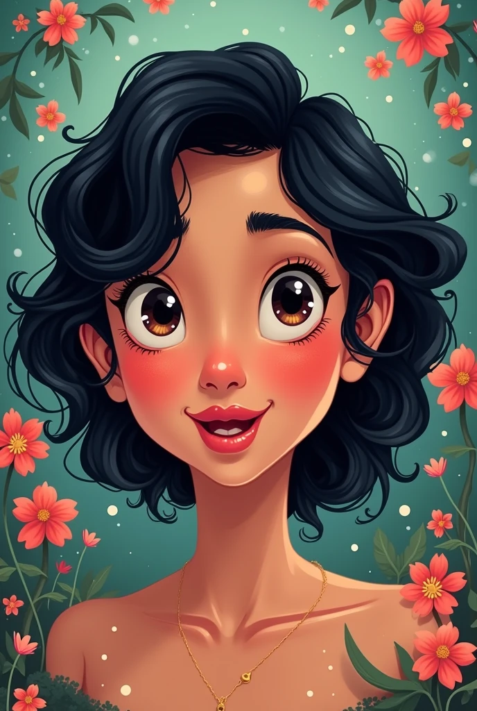 BRUNETTE WOMAN, eyes large, dark eyes, Bblack hair, curly hair, disney pixel animation style