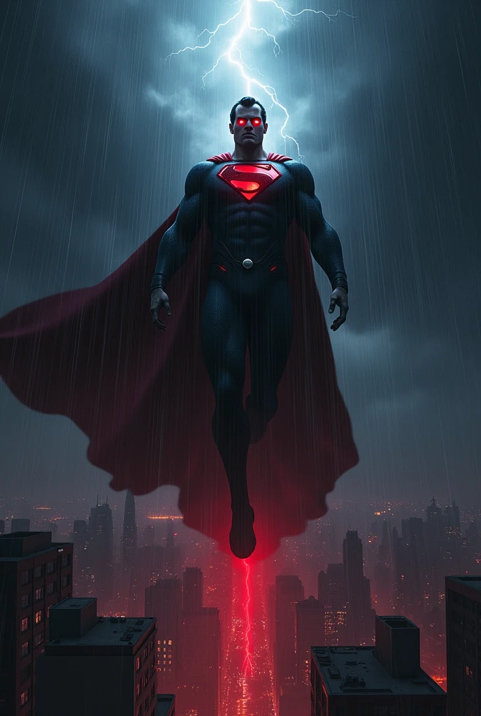 Poster of evil Superman with glowing red eyes, where I'm flying over the city at night while it rains blood, and a lightning bolt illuminated it, and name it Dark Superman
