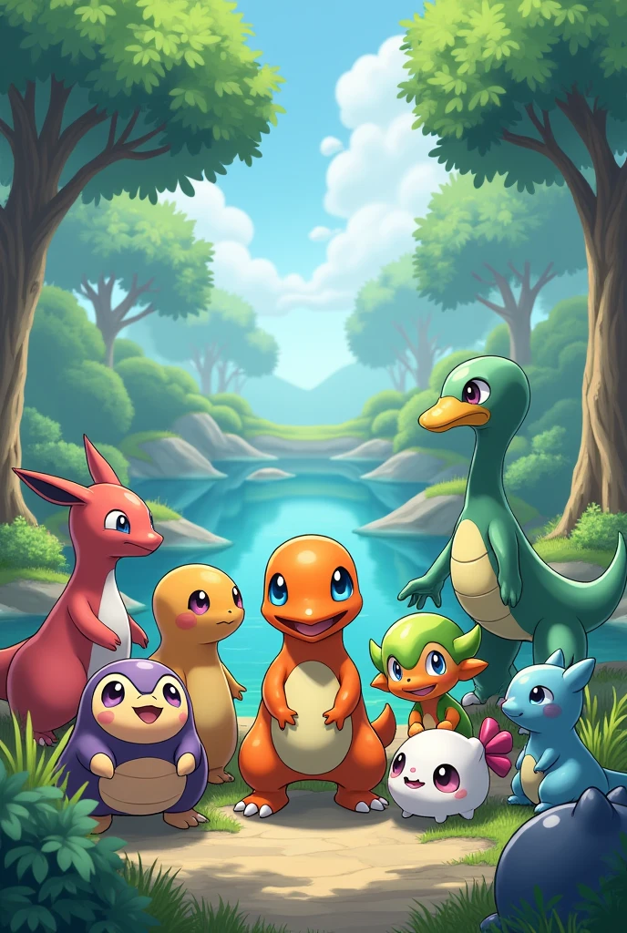 Create an image with the Charmander Pokémon, Gastily, Machop, Dratini, Feebas, Muchlax, Snourant e Geeble .