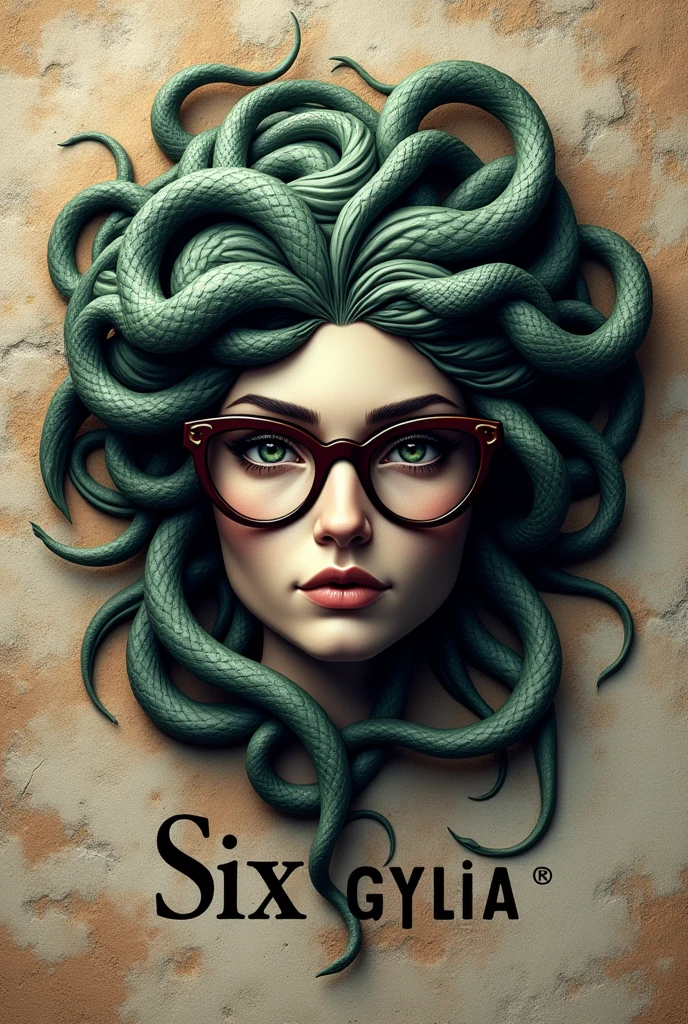 a logo for a glasses brand, that has the stone look of Medusa (greek goddess) snake hair,glasses and the name six gylia