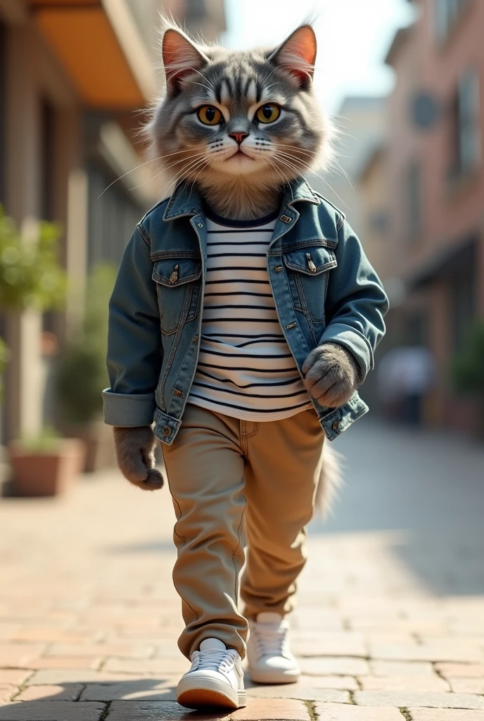 

Casual Chic: A fluffy gray tabby cat wearing a stylish denim jacket over a striped t-shirt, paired with slim-fit khakis and white sneakers. The cat walks with a relaxed, laid-back vibe, one paw casually in its pocket.