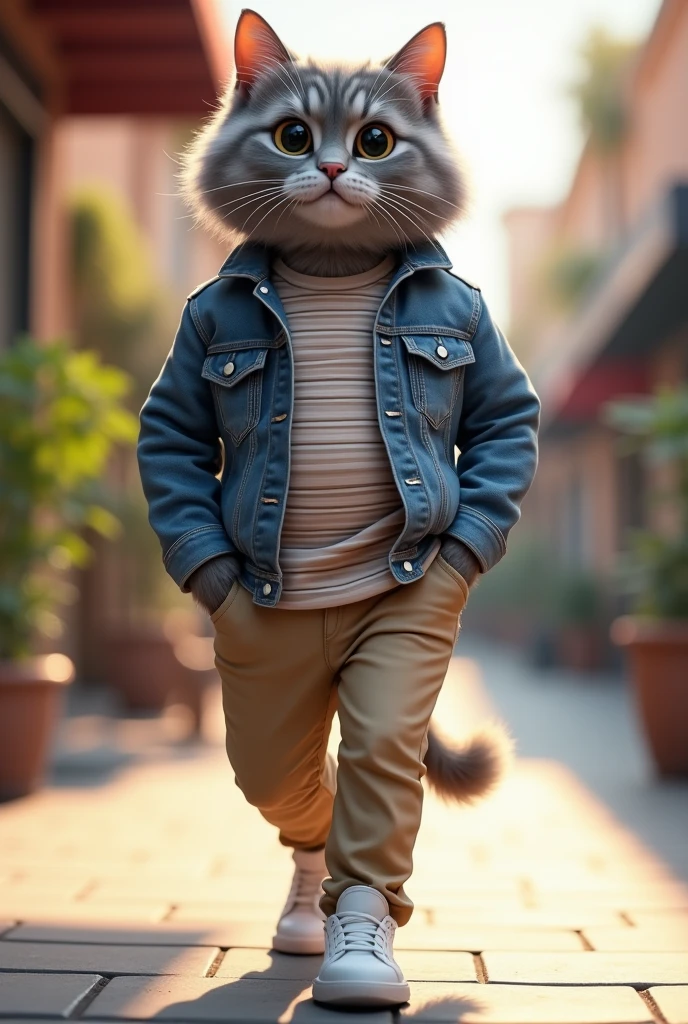 

Casual Chic: A fluffy gray tabby cat wearing a stylish denim jacket over a striped t-shirt, paired with slim-fit khakis and white sneakers. The cat walks with a relaxed, laid-back vibe, one paw casually in its pocket.