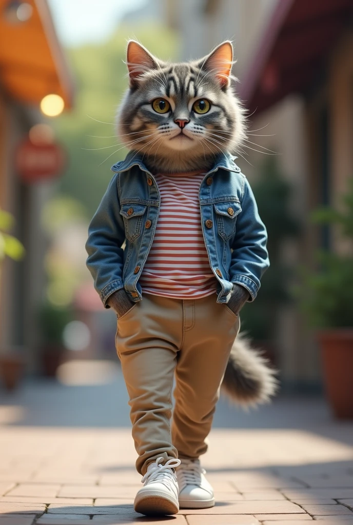 

Casual Chic: A fluffy gray tabby cat wearing a stylish denim jacket over a striped t-shirt, paired with slim-fit khakis and white sneakers. The cat walks with a relaxed, laid-back vibe, one paw casually in its pocket.