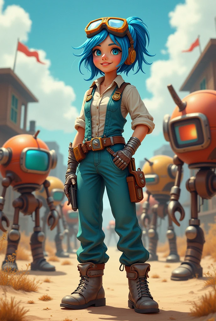 She is an inventor with a slightly crazy smile, standing around 1.70 meters tall. She has blue hair, blue eyes, and wears welding goggles on her head. Her skin is fair, and she dresses in a jumpsuit over a shirt and pants, with iron boots. She carries tools in the pockets of her jumpsuit and is surrounded by steampunk-style robots. The character should be styled in a fantasy RPG art style and set in the Old West.
