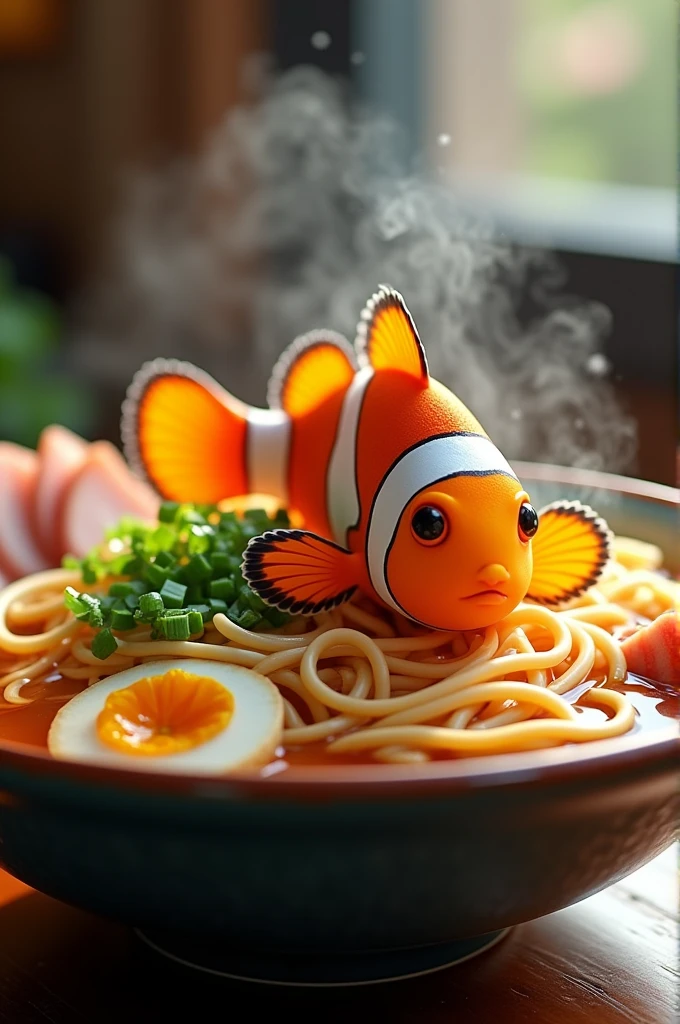 A clownfish swimming in a bowl of ramen