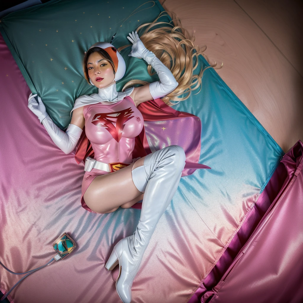 ANI_CLASSIC_jun_gatchaman_ownwaifu,1girl, ,good anatomy, masterpiece, best quality,realistic, hyperrealistic, 16k hdr, long hair,breasts,green eyes,lips,large breasts,lipstick,makeup,gloves,cape,helmet,belt,elbow gloves,white gloves,mask,ultra miniskirt,leotard,spacesuit,white tight overknee highheels boots,pink dress,superhero,bodysuit,cleavage,erected nipples,(lying flat poses, view from above),cameltoe,full body 
