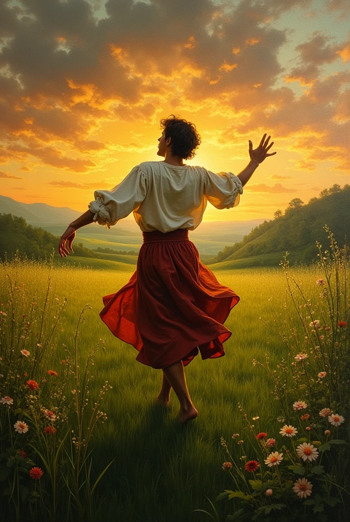 Renaissance painting of a man dancing in a green field at sunset with his back to the camera