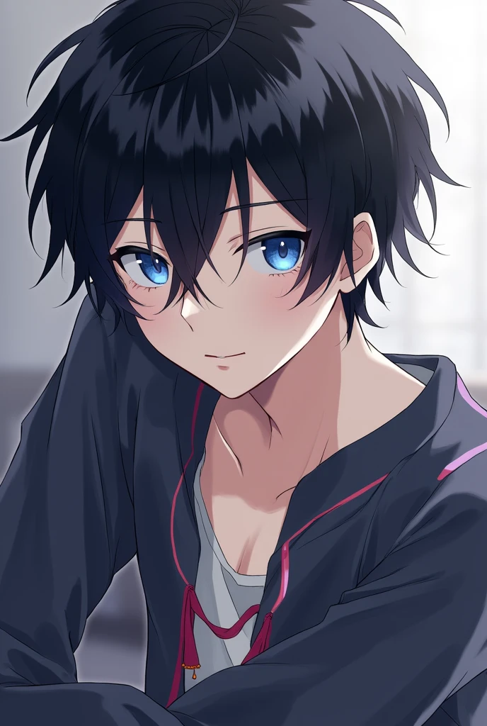 Black haired android boy with blue eyes showing his member