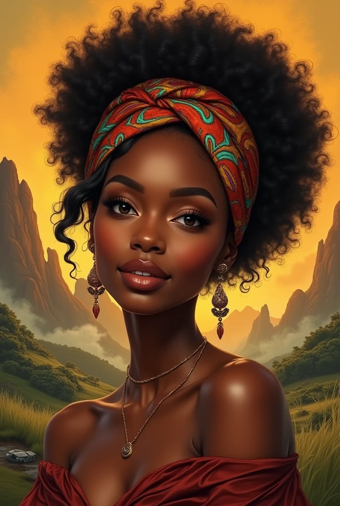 award winning photo A portrait of a stunning black woman with dark olive skin that has a warm, rich glow. She has high cheekbones, a defined jawline and full, natural lips with a soft, confident smile. His eyes are dark and expressive, framed by thick, curled lashes. Your hair is voluminous, hairstyle in natural curls that form a beautiful halo around your head, with some curls falling softly over her shoulders. She is wearing a vibrant, patterned turban in bold colors that highlight her features.. His costume is elegant, with a flowing, off-the-shoulder dress in a deep hue and jewelry that complements her complexion. The background is a warm, textured space, perhaps with earthy tones or subtle African-inspired patterns, giving a sense of heritage and strength. The image exudes grace, Confidence & Beauty, focusing on a close-up of a woman (sci-fi explorer:1.3) wearing helmet with hexagonal glass visor, [Psychostyle::10], ao lado de um (crashed vehicle:1.2), (smoke:1.4), looking at a lush green alien planet, (mountainscape:1.2) (Tall Grass:1.2), stones, highy detailed, fine-details, (intrikate:1.3), (Lens flare:0.6), (backlight:0.8), (blossom:0.8), Shallow depth of field