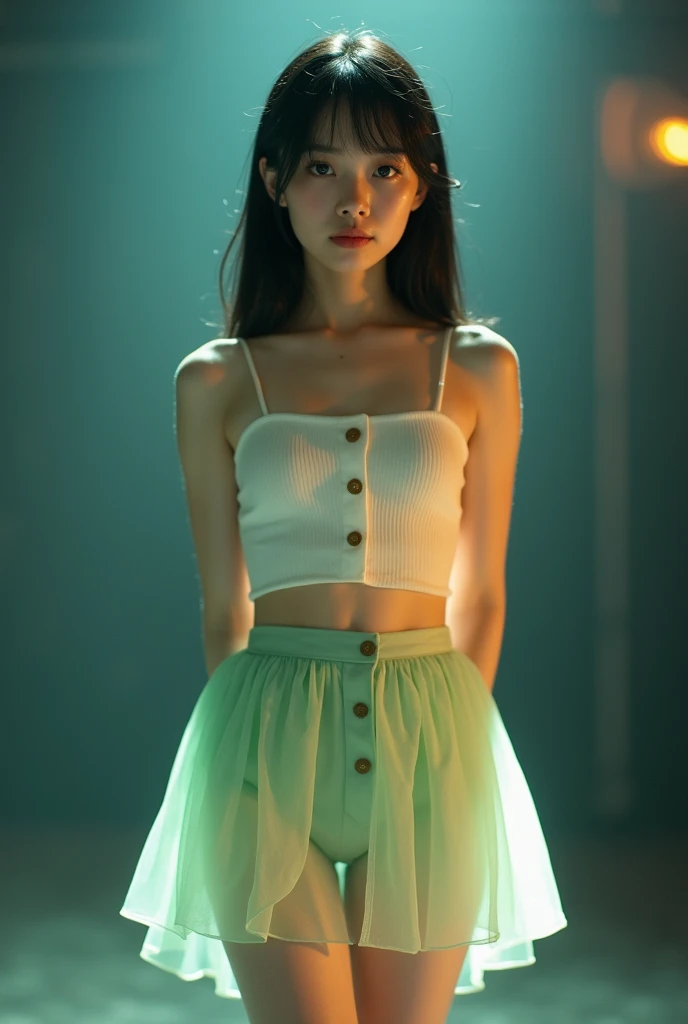 Long shot profile portrait photo of a beautiful cute girl, (front shot from below:1.2), NSFW:1.2, black medium straight hair, Japanese junior idol, neat and clean face, 50mm portrait, peformimg on single stage under lighting, Top: white camisole, front button closure, light green see-through skirt, white shoe, standing on stage, (leg up high:1.2), ((panty shot:1.2)), ((white cotton panties:1.3), (((shot focus on the crotch)),