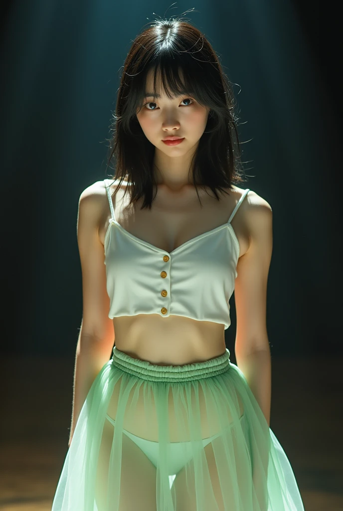 Long shot profile portrait photo of a beautiful cute girl, (front shot from below:1.2), NSFW:1.2, black medium straight hair, Japanese junior idol, neat and clean face, 50mm portrait, peformimg on single stage under lighting, Top: white camisole, front button closure, light green see-through skirt, white shoe, standing on stage, (leg up high:1.2), ((panty shot:1.2)), ((white cotton panties:1.3), (((shot focus on the crotch)),