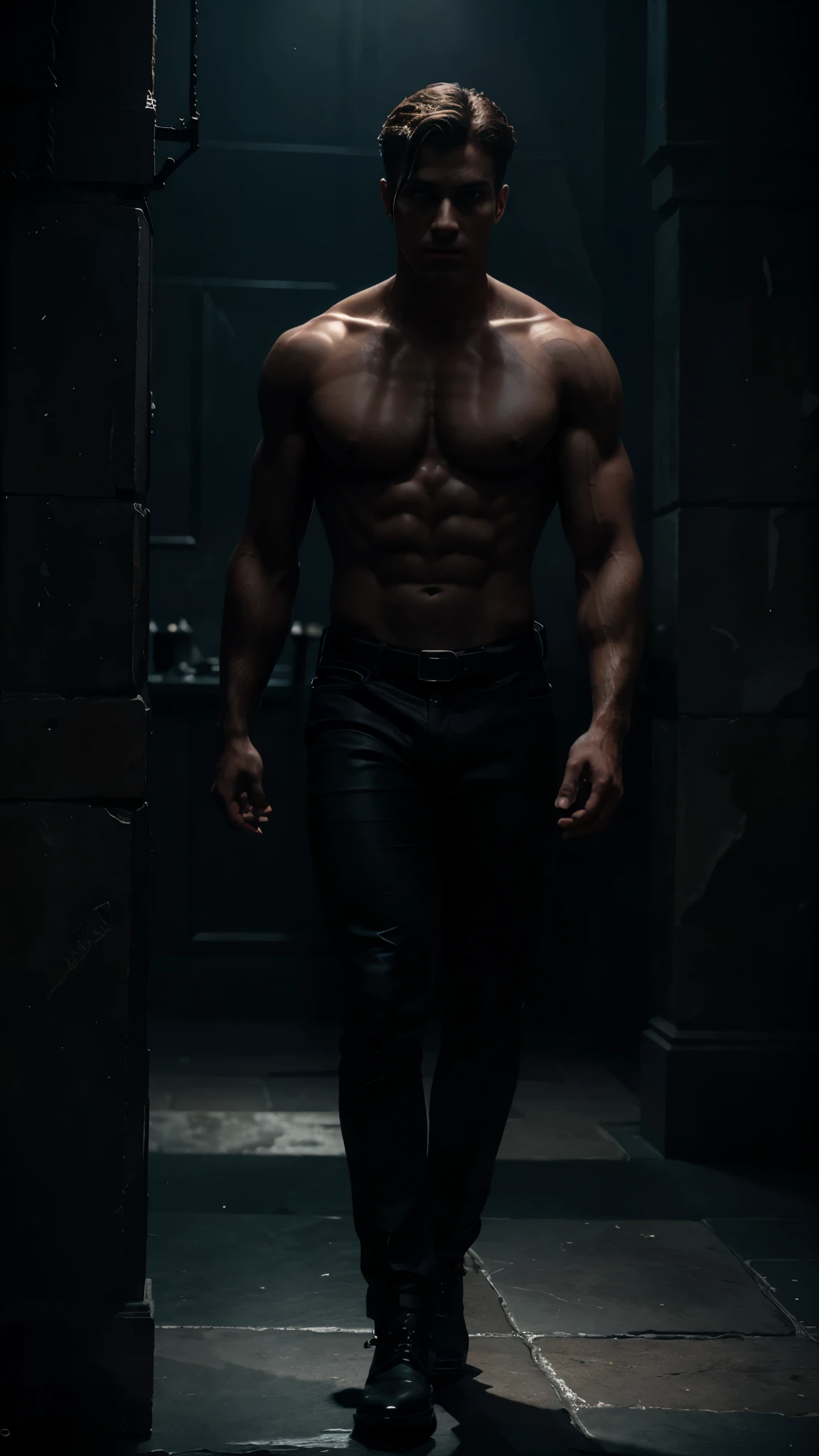 a handsome young man, half demon half human, sculpted by the gods, full body, muscular, intricate detailed face, hyperrealistic, highly detailed, cinematic lighting, dramatic colors, dark fantasy, chiaroscuro, moody atmosphere
