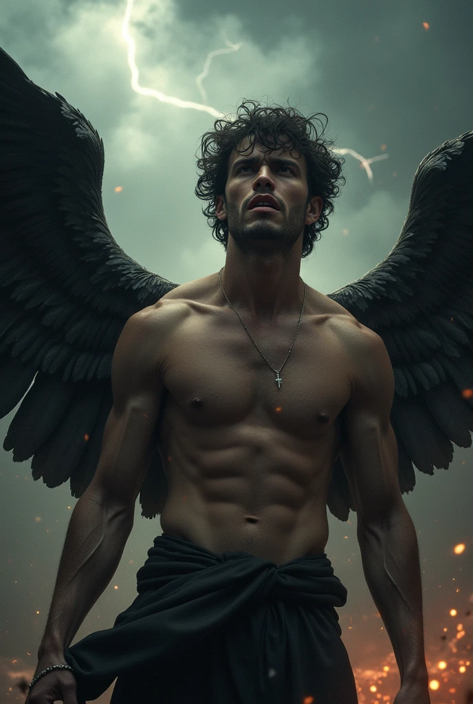 Angry young beautiful man with wings, one wing is broken, wings with a lot of deatils, storm, thunder, face full of anger grief, batrayal, power, glory, chaos, pain, sadness, sorrow, hopeless, more pain, anger, anger, anger, anger, blood