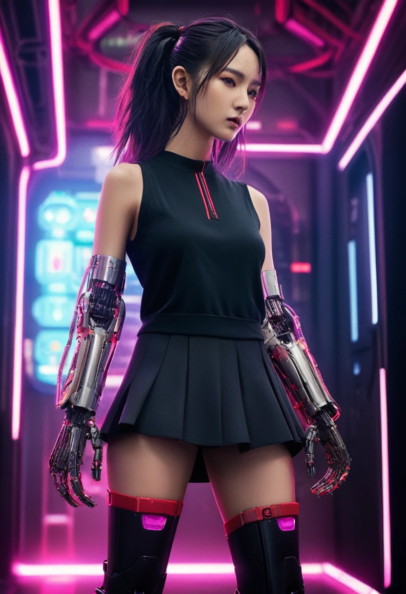 xxmixgirl. Highly detailed professional 35mm film, bokeh, face in sharp focus. A robotic female, Miku, with ((metal skin)), ((perfect Asian eyes)) with magenta irises and ((black pupils)), beautiful serious (detailed face), 18 year old ((photorealistic face)), very long magenta twin tails of magenta hair, twin black hair ties with a single red stripe. She may have a black audio headpiece. We can see her ((full body)) down to her boot soles. Her outfit is a sleeveless collared light grey shirt, outlined in red around the frilled collar and hems. Shiny reflective ((metallic breast cups, dimpleless)), invisible nipples. She wears black sleeves with red hems that start around her upper arm and bellow out as the sleeves open and extend to her wrists, with wide trumpet red rimmed cuffs. She has perfect robotic (detailed hands). She wears a red colored tie with two horizontal solid parallel black lines halfway across. She wears a fabric black skirt with a horizontal red hem at the bottom all the way around; her (((black skirt wraps around her))) and ((her skirt completely covers)) her robotic waist and thighs. Tall black boots with red bottom soles, a red rim around the top at her thighs. Her mechanical shoulder joints are visible. We can see her robotic legs and robotic neck. Half of her is covered with shiny polished machinery. The background is a distant dark neon futuristic Japanese city, gold, cyan, violet neon, near harbor or mountains.