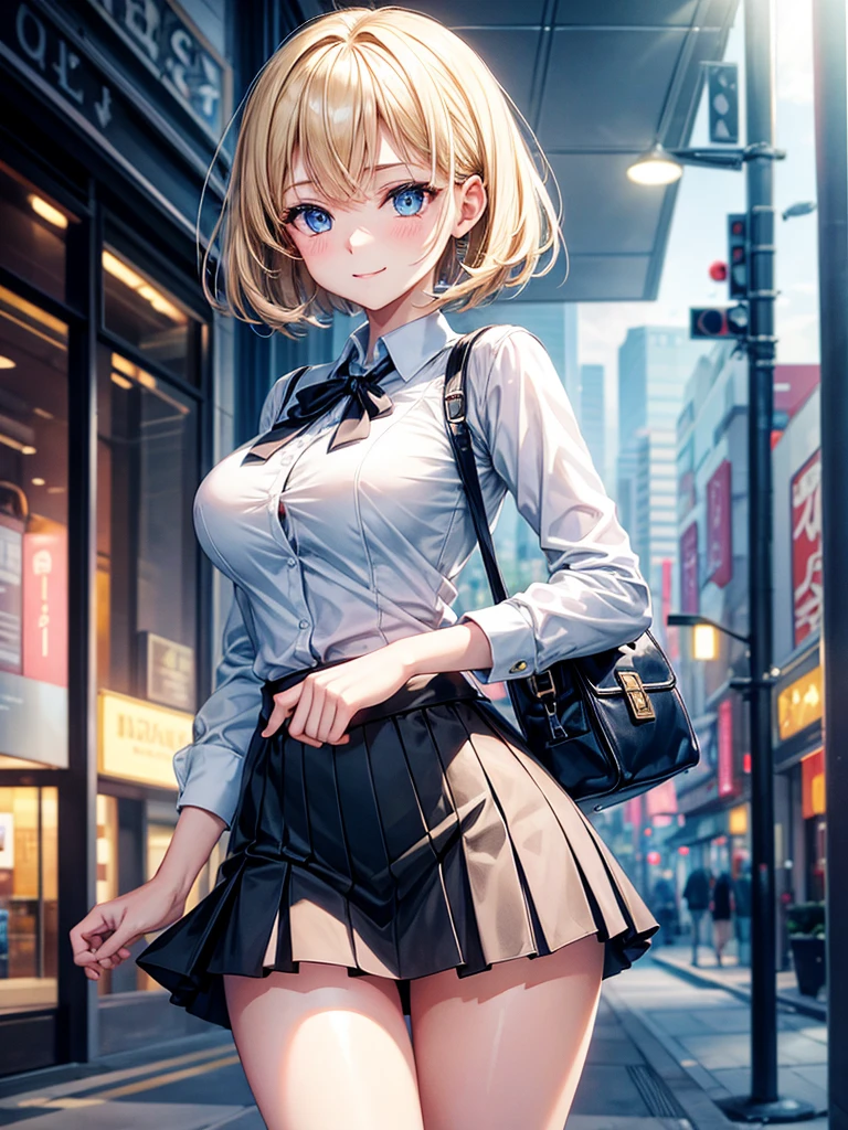 Anime style, super fine illustration, highly detailed, beautiful detailed, pale tone image, static representation, gentle expression, happy expression, 8k, pretty 1girl with blonde straight short hair & blue eyes & a bright smile & full bust & soft fair skin is wearing big white business shirt not to show her skin & black tight skirt & 1business bag, on the business building street, in the morning, brilliant particles of lights, happy stories, romantic stories, solo, perfect fingers, perfect arms, perfect legs, masterpiece.