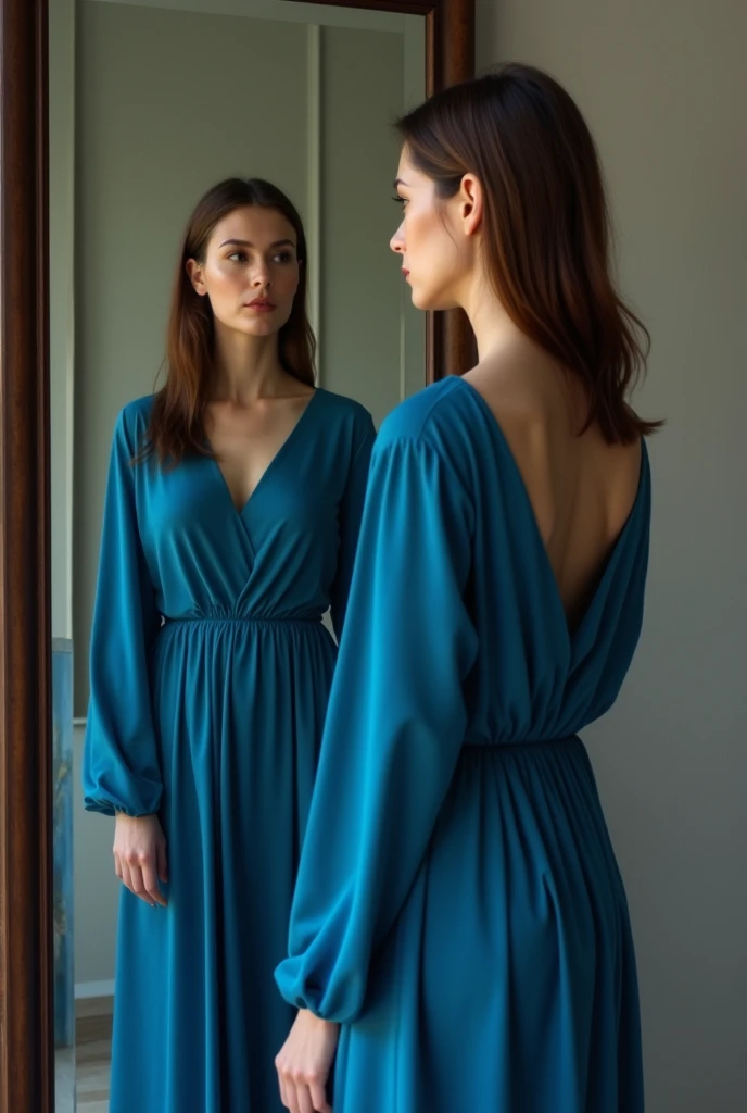 A woman standing in front of a large mirror observing herself, thoughtful, wearing a blue dress with long sleeves, covering her breasts, photo by full body, photography realistic, photorrealistic, HDR, sharp focus, proffesional, bright coloured, natural lighting