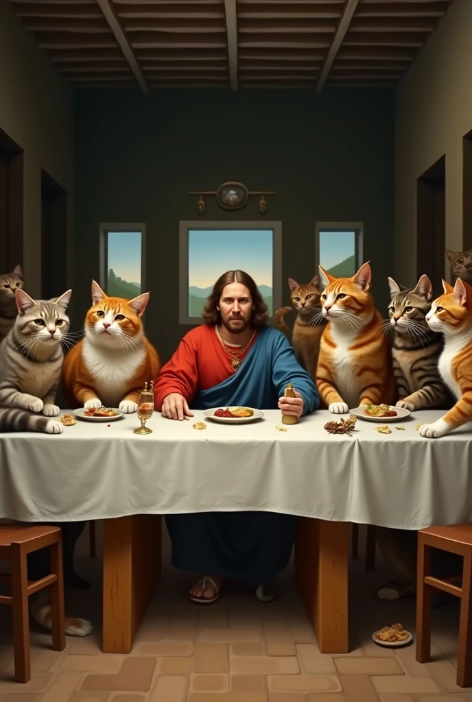 a reinterpretation of the painting The Last Supper where EVERYONE IS A CATS EVERYONE EVERYTHING IS A CAT CAT CAT CAT CAT WITHOUT PEOPLE CATS