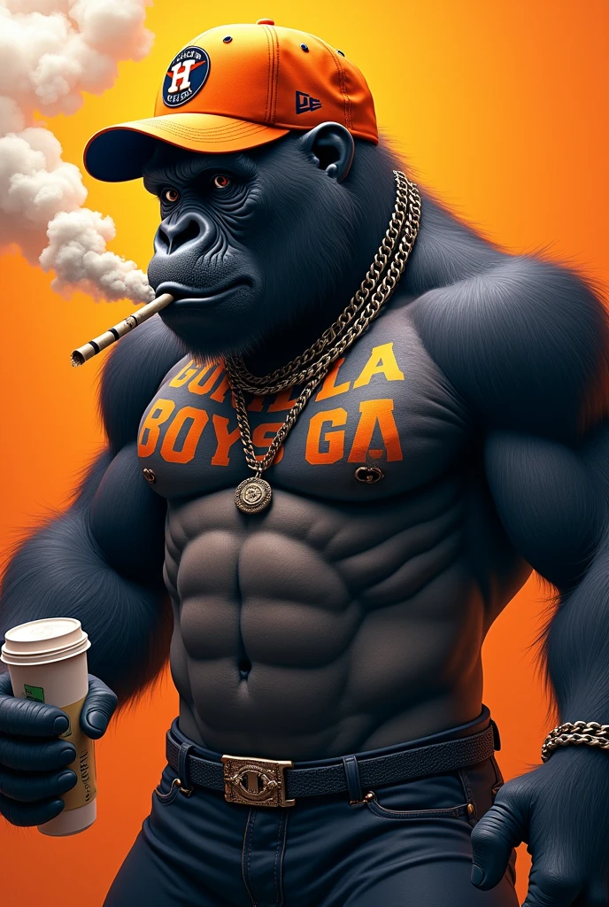 Strong gorilla with orange Houston Astros cap, with a tattoo saying Gorilla Boys Gang tattooed on his body, smoking a joint and making smoke, with several chains around his neck and holding a white double cup, orange background in the image