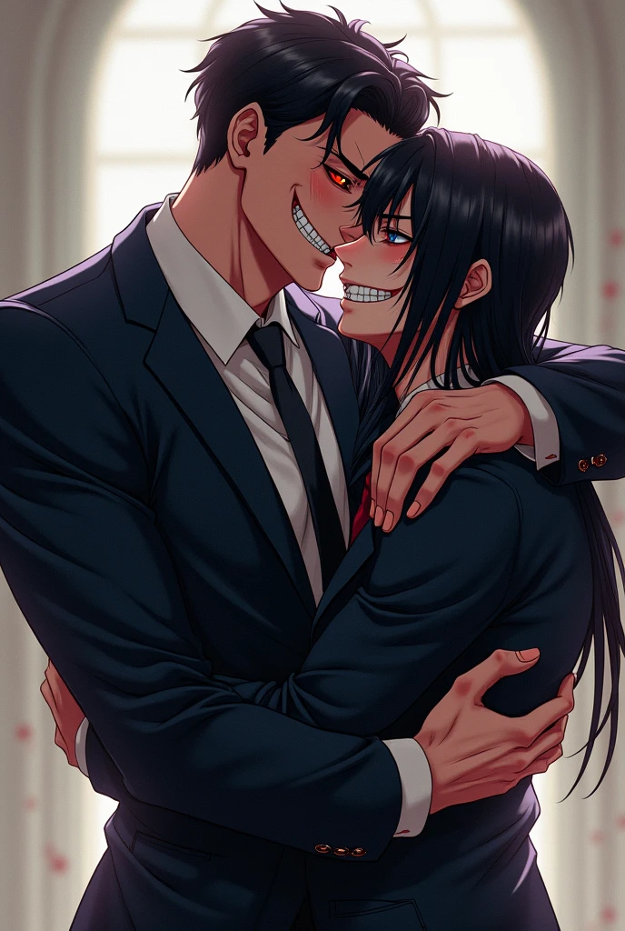 Gay anime men embracing.Ones taller and more muscular with red eyes and an obsessive look he's very handsome and is holding a smaller man with blue eyes and long black hair.He looks intimidating but is smiling psychotically .Their both men and the smaller one looks psychotic.Also the taller one had a suit on