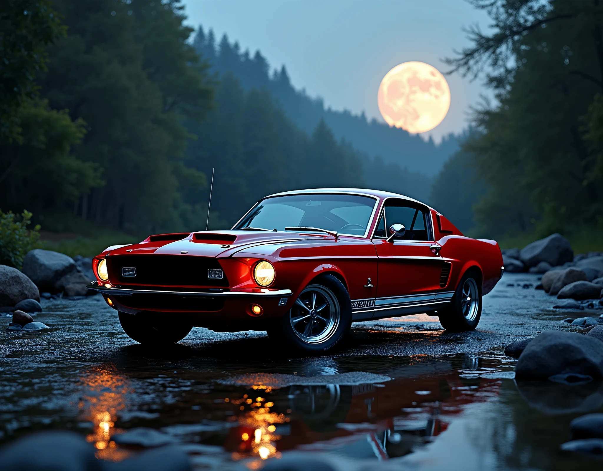 Moonset Ford Mustang gt500 1967, 32k, 600 dpi, Sony A7 IV, Studio lighting, Realistic Environmental Lighting, Immersive realism, Cinematic, Centered, Shallow depth of field, Dramatic Lighting, Beautiful, Ultra detailed, chromatic aberration, Screen space reflections, 1200pp