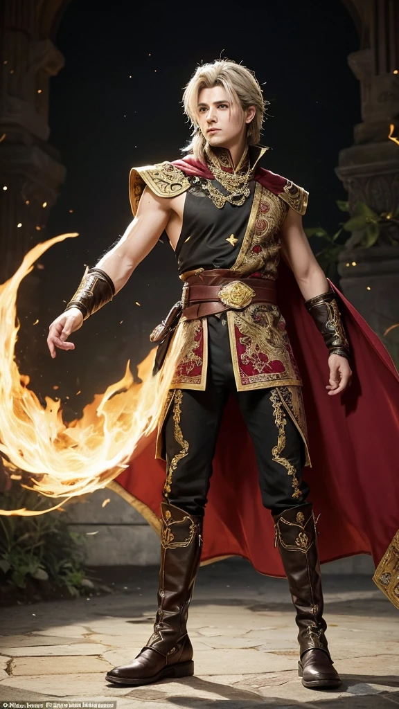 Create a live-action depiction of a gender-swapped version of Terra Branford from Final Fantasy VI. The character, now male, should retain the ethereal and otherworldly presence that defines Terra, with a delicate yet strong appearance that reflects his half-Esper heritage. His hair should be true to the original—a soft, pale green, with a wavy, tousled style that falls to his shoulders, slightly longer in the back. The hair should have a gentle, almost glowing quality, as if reflecting his connection to magic and the mysterious Esper world.
His clothing should be a reimagined version of Terra’s original outfit, maintaining the same rich red and gold color scheme, but tailored for a masculine form. He should wear a sleeveless tunic or vest, adorned with intricate gold embroidery and patterns that hint at his magical heritage. The tunic should be fitted at the waist, with a slightly flared bottom that flows with his movements, giving him an elegant yet battle-ready appearance. His chest should be broad, with the tunic accentuating his strong, athletic build, though still maintaining a touch of the delicate beauty that defines Terra’s character.
Over the tunic, he should wear a long, flowing cape, deep red in color, lined with gold or fur at the collar, adding a regal and protective element to his appearance. The cape should billow out behind him, adding to the sense of power and otherworldliness that surrounds him. For the lower half of his outfit, he should wear form-fitting pants in a matching color, possibly with subtle designs or patterns that evoke the Esper world. His boots should be sturdy yet elegant, with gold accents and a slight heel, adding to his height and emphasizing his commanding presence.
His accessories should include a belt with a detailed, ornate buckle, possibly with symbols or runes that connect him to the magical realm. He might also wear a pair of fingerless gloves, suitable for both combat and casting magic, with small, glowing gems embed