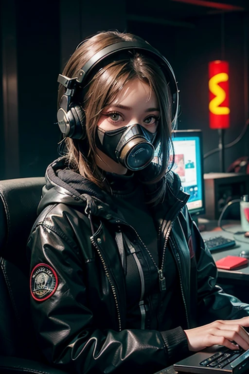 high quality face, a woman wearing a gas mask with headphones on her face and a hood over her face, Beeple, cyberpunk style, cyberpunk art, computer art, high quality, masterpiece, 8k