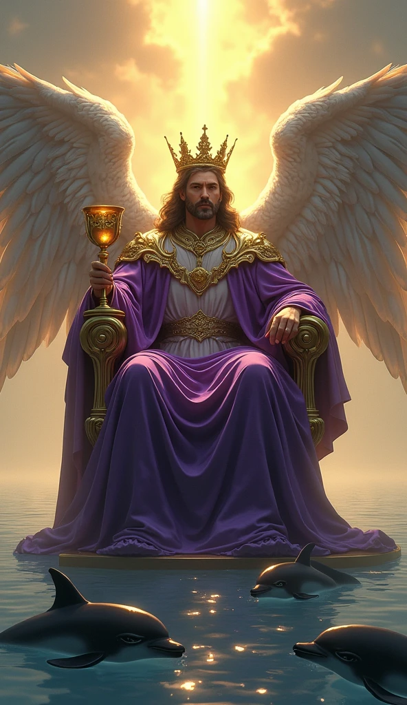 Create a majestic and composed scene for the "King of Chalices" card, drawing from the Rider-Waite King of Cups, with an angelic influence. Depict a powerful and serene angelic figure seated on an elegant throne that floats just above calm waters. The angel is dressed in regal robes of deep purple and gold, symbolizing mastery over emotions. In one hand, he holds a large, golden chalice, while his other hand rests calmly on the armrest of the throne. His wings are broad and majestic, subtly glowing with divine light. Surround him with symbols of emotional strength and balance, such as dolphins swimming gracefully in the water below and a soft, radiant light emanating from the horizon. The overall atmosphere should convey a sense of emotional authority, wisdom, and compassion, in perfect harmony with the Lumen Angelis tarot deck.