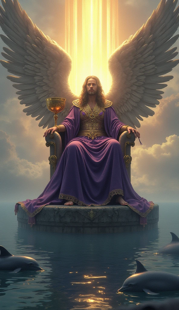 Create a majestic and composed scene for the "King of Chalices" card, drawing from the Rider-Waite King of Cups, with an angelic influence. Depict a powerful and serene angelic figure seated on an elegant throne that floats just above calm waters. The angel is dressed in regal robes of deep purple and gold, symbolizing mastery over emotions. In one hand, he holds a large, golden chalice, while his other hand rests calmly on the armrest of the throne. His wings are broad and majestic, subtly glowing with divine light. Surround him with symbols of emotional strength and balance, such as dolphins swimming gracefully in the water below and a soft, radiant light emanating from the horizon. The overall atmosphere should convey a sense of emotional authority, wisdom, and compassion, in perfect harmony with the Lumen Angelis tarot deck.
