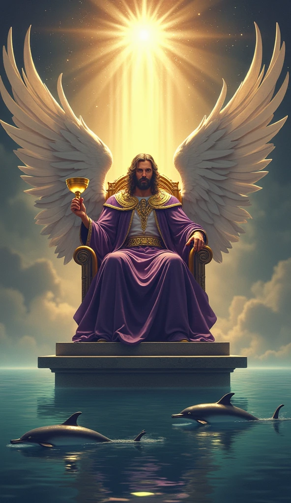 Create a majestic and composed scene for the "King of Chalices" card, drawing from the Rider-Waite King of Cups, with an angelic influence. Depict a powerful and serene angelic figure seated on an elegant throne that floats just above calm waters. The angel is dressed in regal robes of deep purple and gold, symbolizing mastery over emotions. In one hand, he holds a large, golden chalice, while his other hand rests calmly on the armrest of the throne. His wings are broad and majestic, subtly glowing with divine light. Surround him with symbols of emotional strength and balance, such as dolphins swimming gracefully in the water below and a soft, radiant light emanating from the horizon. The overall atmosphere should convey a sense of emotional authority, wisdom, and compassion, in perfect harmony with the Lumen Angelis tarot deck.