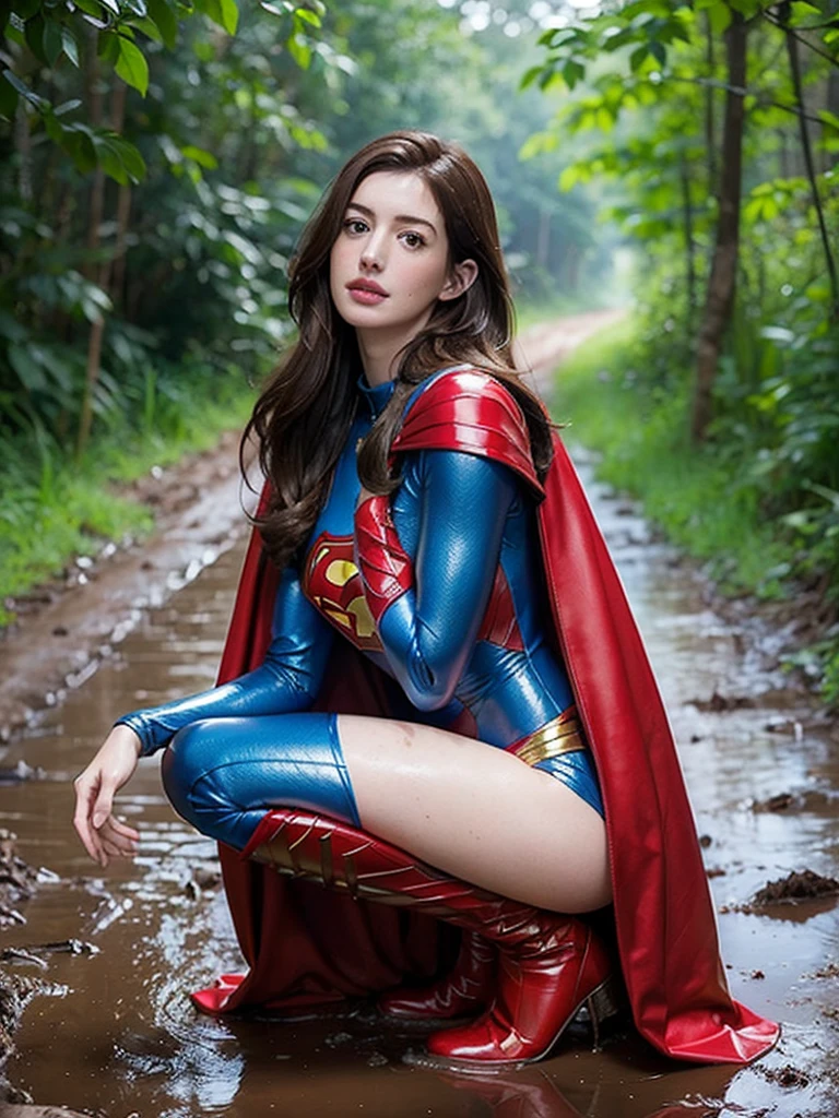 Anne Hathaway has long brown hair，White skin，Big breasts and butt，long legs，slender legs，Wearing a blue shiny full-coverage tight-fitting Superman suit，Red over-the-knee boots，red cloak，，Squatting on a muddy dirt road，Body facing the camera，Clothes covered with mud stains，Realistic style，full body picture