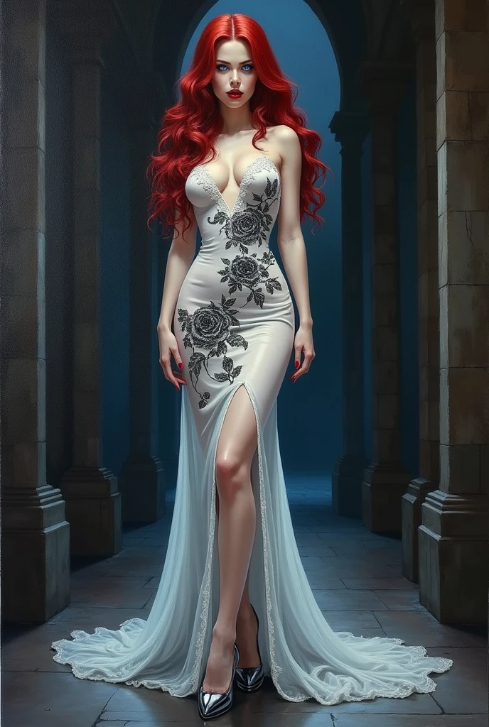 Oil Painting anime comic art, Larry Elmore art, of a female vampire, exquisite beauty, full body shot, dark glamour shot, busty, pale white skin, dark red hair, ((vampire teeth: 1.3)), long hair, wavy hair, blood red lips, glowing blue eyes, she wears a (white lace dress: 1.3) exquisite, beautiful, half sheer dress, ((white lace: 1.5)) dress (intense details, Masterpiece, best quality: 1.5), the roses are imprinted on the dress (black: 1.4) high heells, dark castle