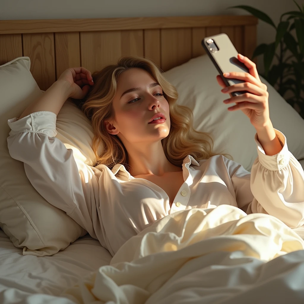 A beautiful blonde woman is lying on the bed. She is wearing a white men's shirt and taking a selfie.