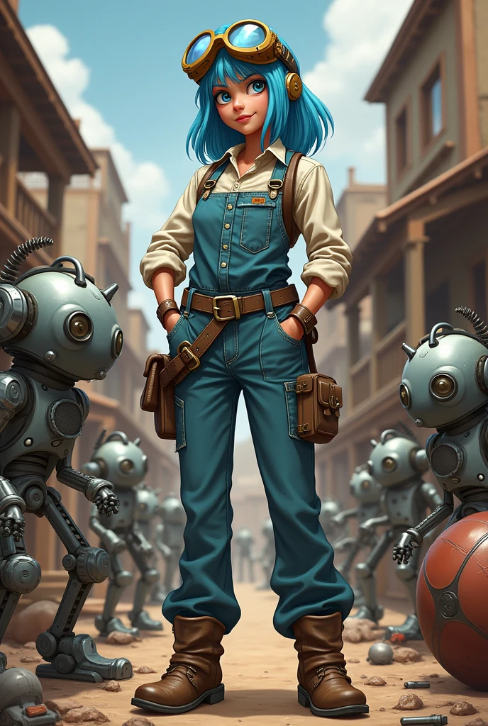 She is a mature woman with a slightly crazy smile, standing around 1.70 meters tall. She has blue hair, blue eyes, and wears welding goggles on her head. Her skin is fair, and she dresses in a jumpsuit over a shirt and pants, with iron boots. She carries tools in the pockets of her jumpsuit and is surrounded by steampunk-style robots. The character should be styled in a fantasy RPG art style and set in the Old West.