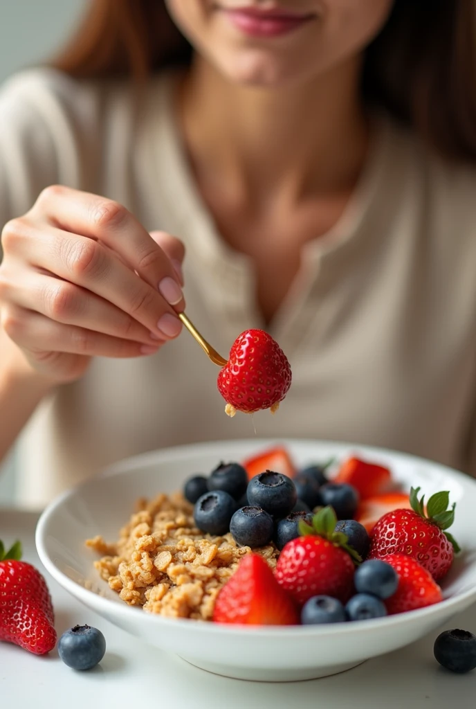 (photorealism:1.2)Color palette: 
Person eating golden brown oatmeal (for cereals and granola)
bright red (for strawberries)
Navy blue (for blueberries)
Beige natural o blanco (for the background)

