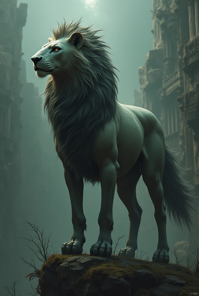 A lion-headed gargoyle, Cobra juba, horse body, and 6 fox tails