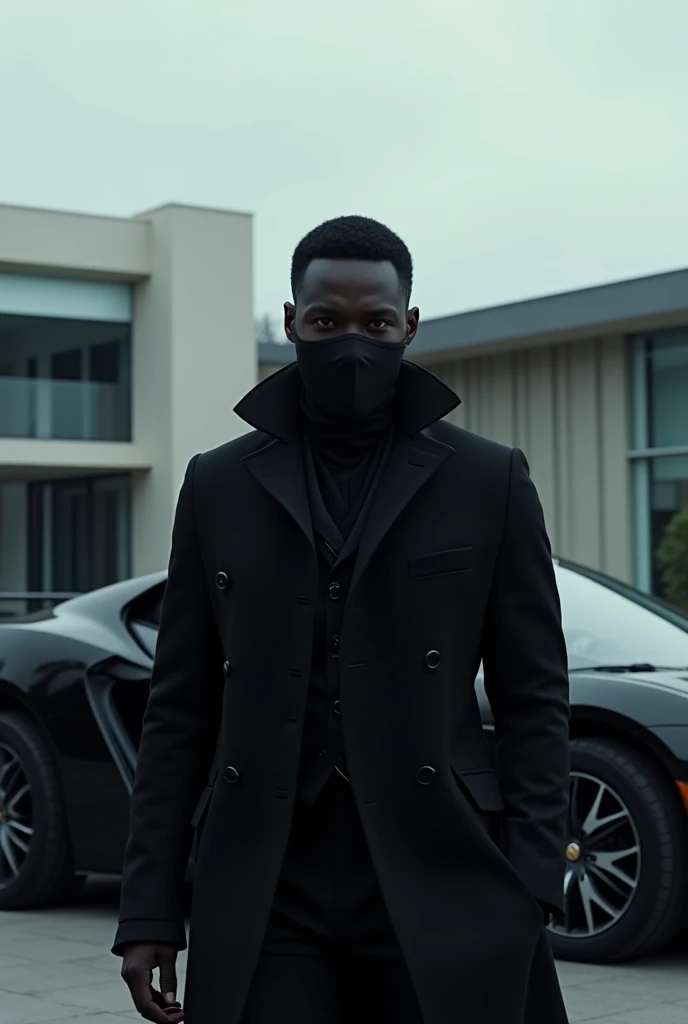 A man with black skin, wearing a black surgical mask and a black gothic jacket, is in front of his modern mansion, Getting out of your car