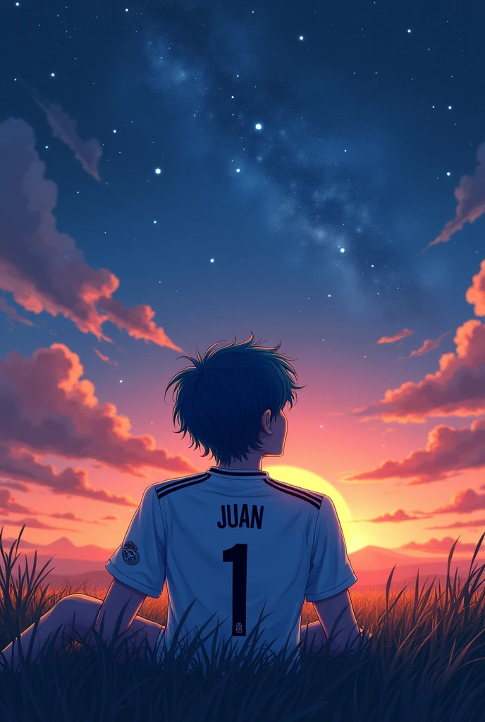 generates an image in which a young man with thin and pretty face features looking at the stars, in the sky has to be a very nice sky with many stars, the young man has to have blue hair and his body has to be normal with a normal physique has to have the uniform of Real Madrid and has to be on his back the young man, the shirt has to have the number 1 and say JUAN, give me the size of the fotyo to be all in whatsaap profile and not half. and place a beautiful sunset, the young man should be on his back and looking at the sunset. give me the smaller size image.