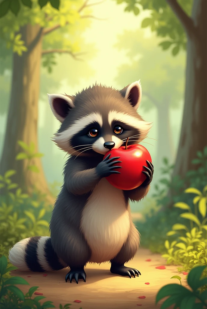 a raccoon with an apple
