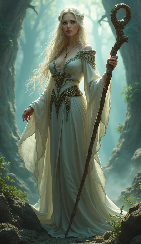 Very beautiful woman, Blonde, Wizard, Fantasy, Holding a walking stick, slim, Small breasts