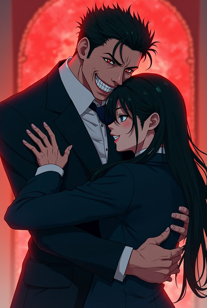 Gay anime men embracing.Ones taller and more muscular with red eyes and an obsessive look he's very handsome and is holding a smaller man with blue eyes and long black hair.He looks intimidating but is smiling psychotically .Their both men and the smaller one looks psychotic.Also the taller one had a suit on