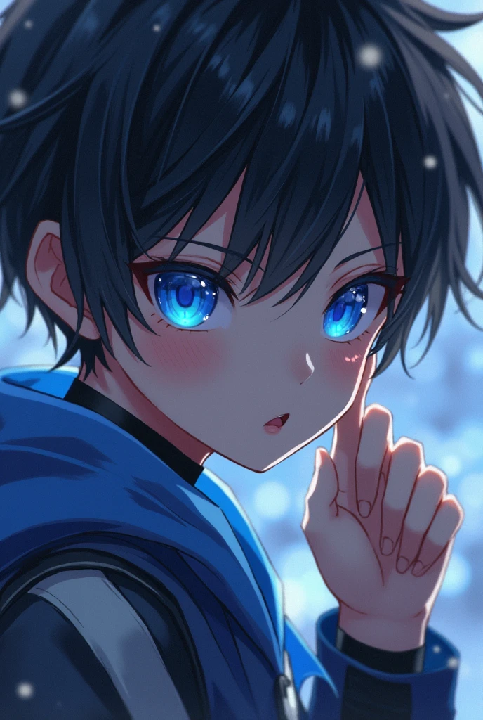 Black haired android boy with blue eyes showing his penis