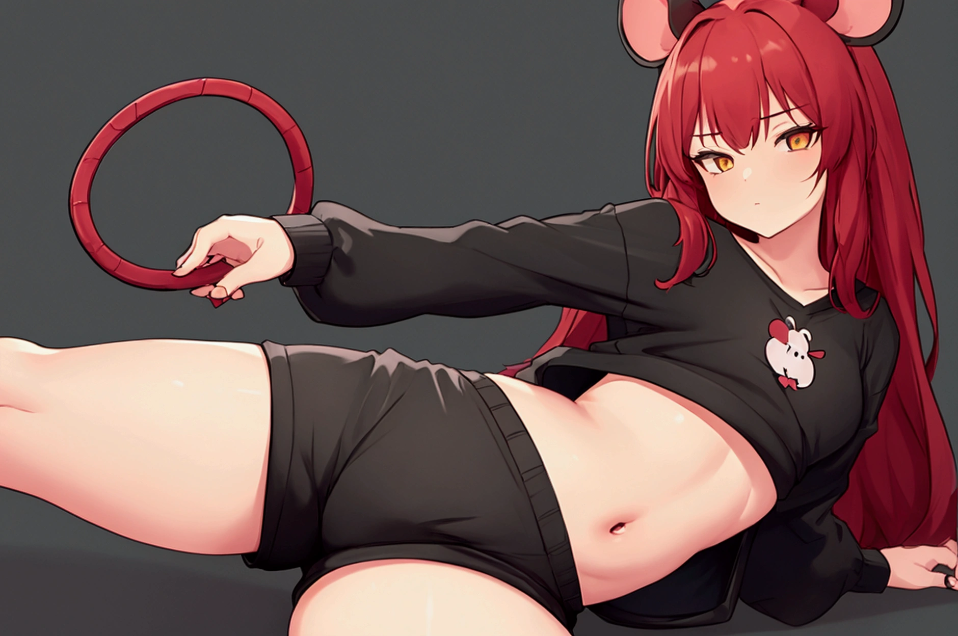 big hips, Lower angle, 1 girl, looking into the camera, lost look, small breasts, mouse tail, black shorts to the belly, Red hair