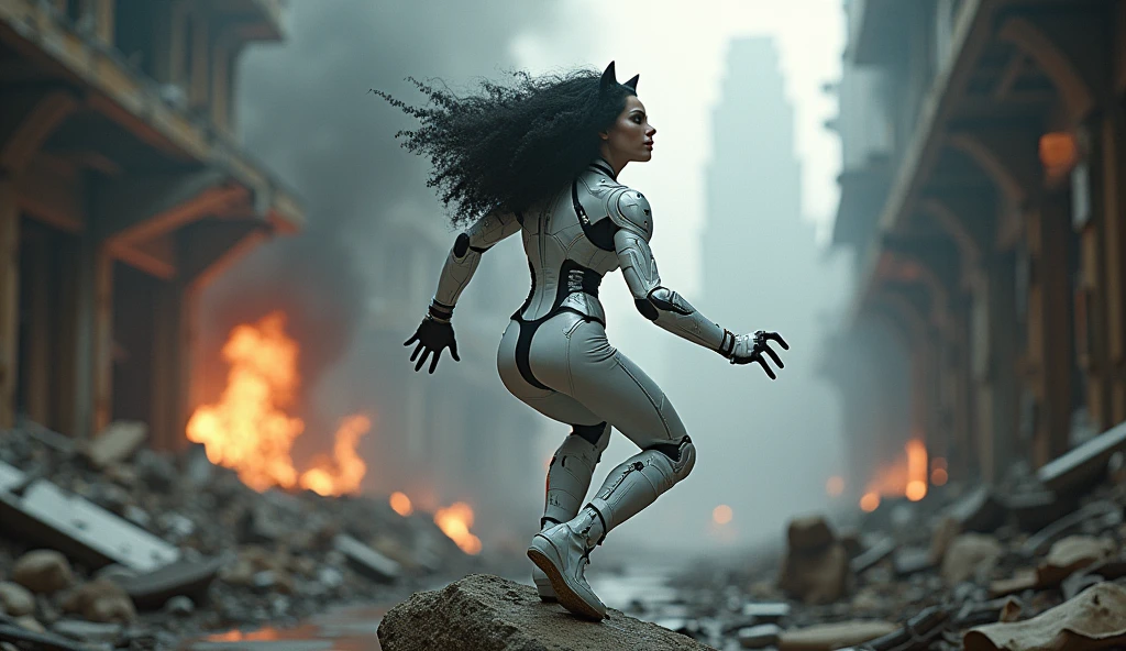 ((Best Quality)), ((Masterpiece)), ((Realistic)), (Detailed), (fotorrealist:1.5), Catwoman, Futuristic, Curly Black Hair (White Suit), Walking, Armored Lights, Cyber ​​Hats, Looking Above Viewer, Dynamic Pose, Post Apocalyptic, Ruined City Background, Burning Buildings, Sci-Fi, HDR, Ray Tracing, NVIDIA RTX, Ultra High Resolution, Unreal 5, Ground Scattering,