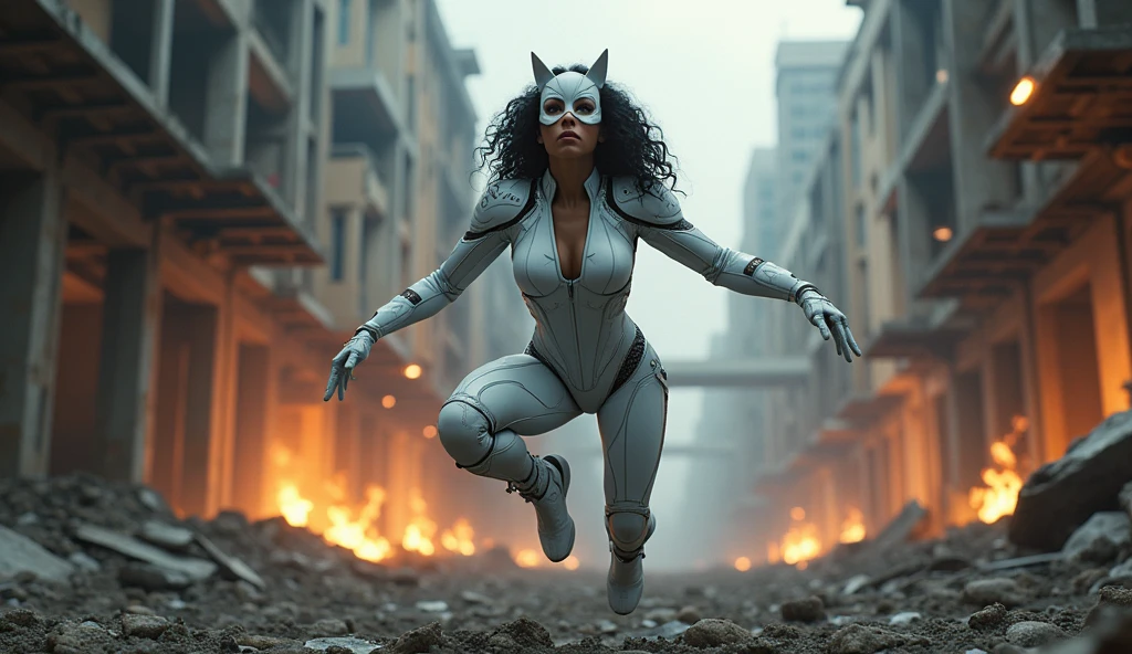 ((Best Quality)), ((Masterpiece)), ((Realistic)), (Detailed), (fotorrealist:1.5), Catwoman, Futuristic, Curly Black Hair (White Suit), Walking, Armored Lights, Cyber Hats, Looking Above Viewer, Dynamic Pose, Post Apocalyptic, Ruined City Background, Burning Buildings, Sci-Fi, HDR, Ray Tracing, NVIDIA RTX, Ultra High Resolution, Unreal 5, Ground Scattering,