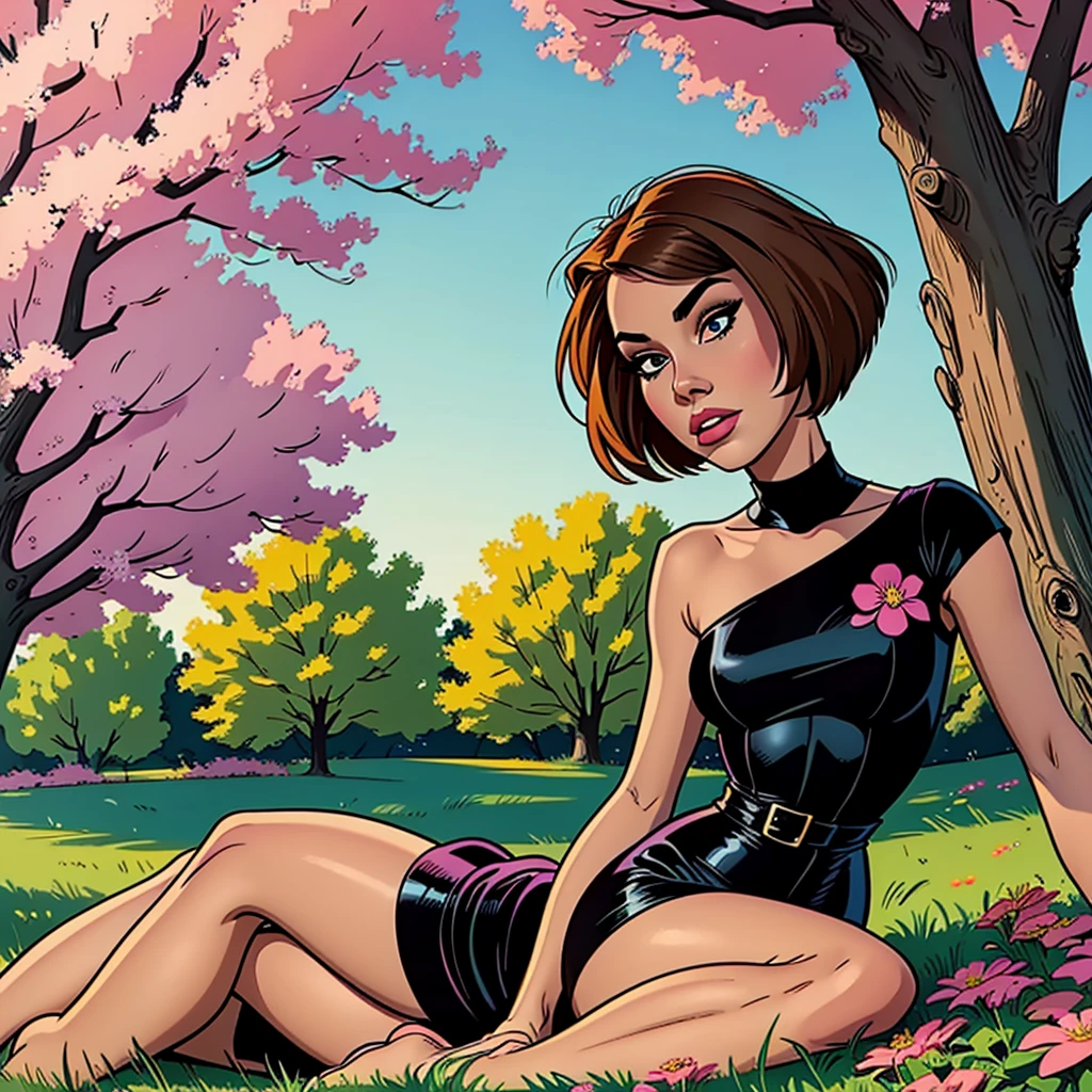 90s Disney draw, photo long angle focus on her, shows Maxine Caulfield (Life Is Stranger), wearing a bodycon black dress, she is resting next to a tree, in a beautiful afternoon at a long field or multiple flowers, aesthetic, full body view