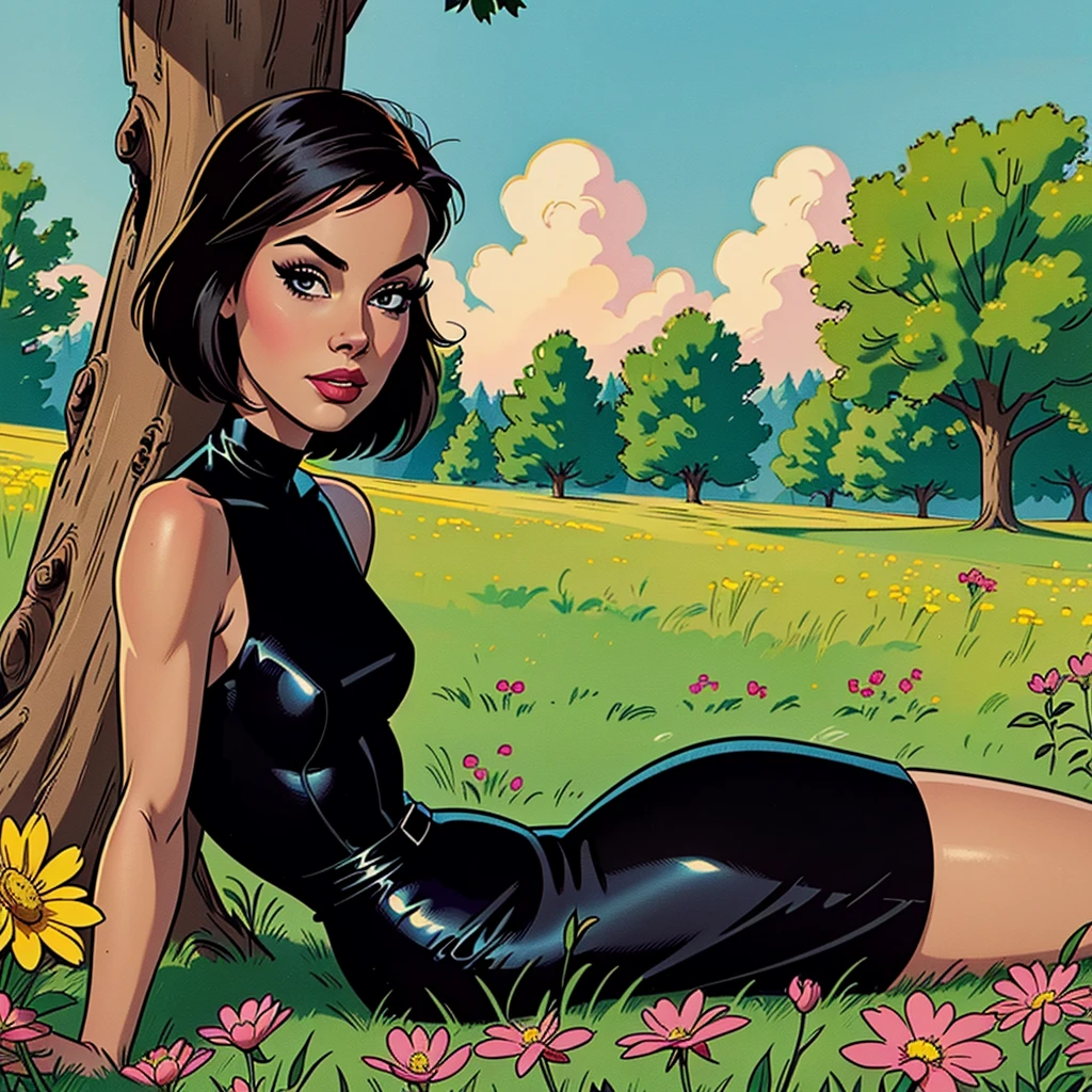 90s Disney draw, photo long angle focus on her, shows Maxine Caulfield (Life Is Stranger), wearing a bodycon black dress, she is resting next to a tree, in a beautiful afternoon at a long field or multiple flowers, aesthetic, full body view