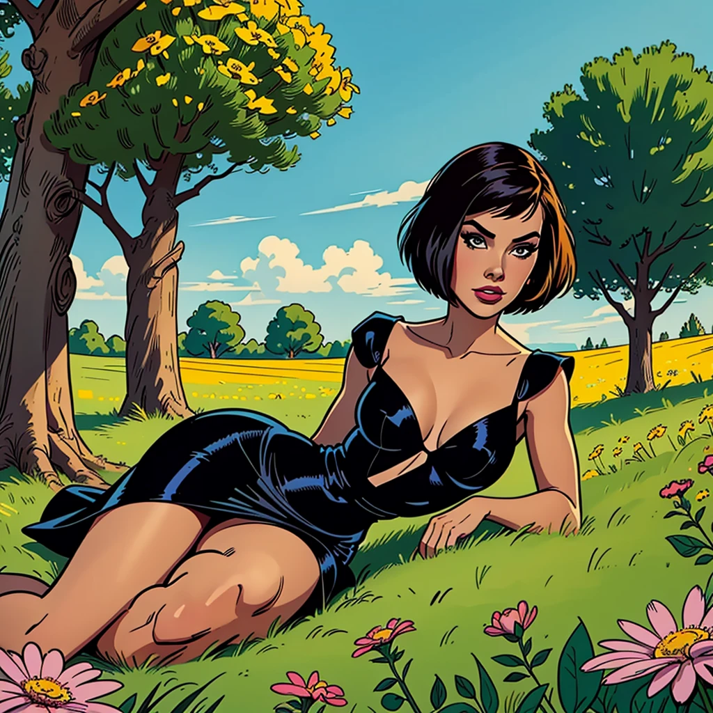 90s Disney draw, photo long angle focus on her, shows Maxine Caulfield (Life Is Stranger), wearing a bodycon black dress, she is resting next to a tree, in a beautiful afternoon at a long field or multiple flowers, aesthetic, full body view