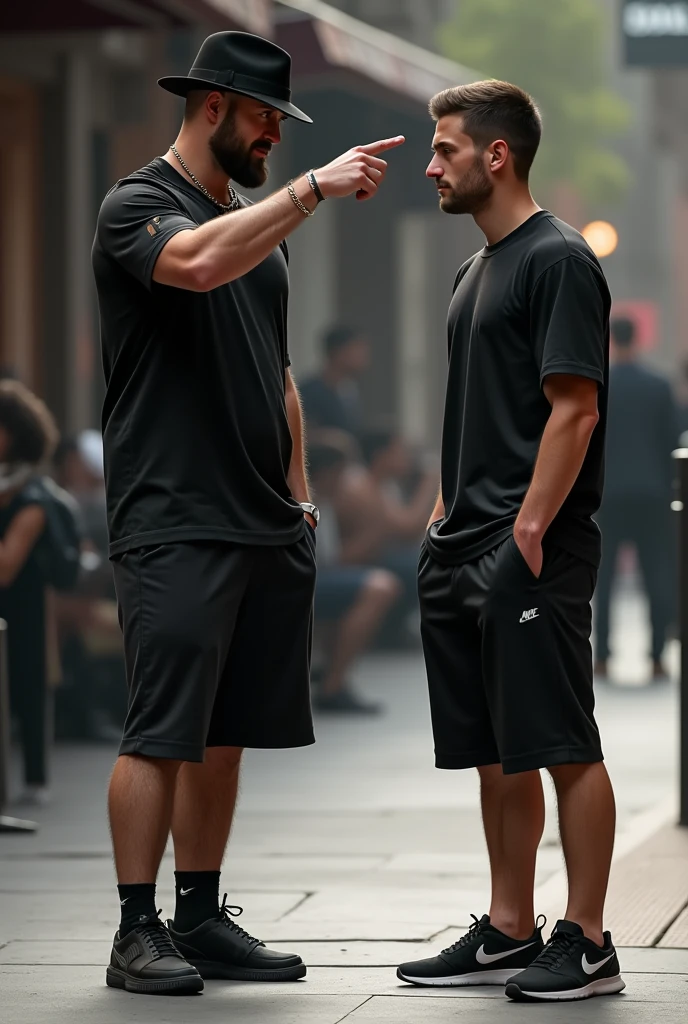 A man wearing a black hat and black shorts and black Nike sneakers. Pointing to the person next to him