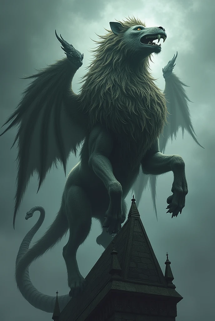A lion-headed gargoyle, Cobra juba, horse body, and 6 fox tails.